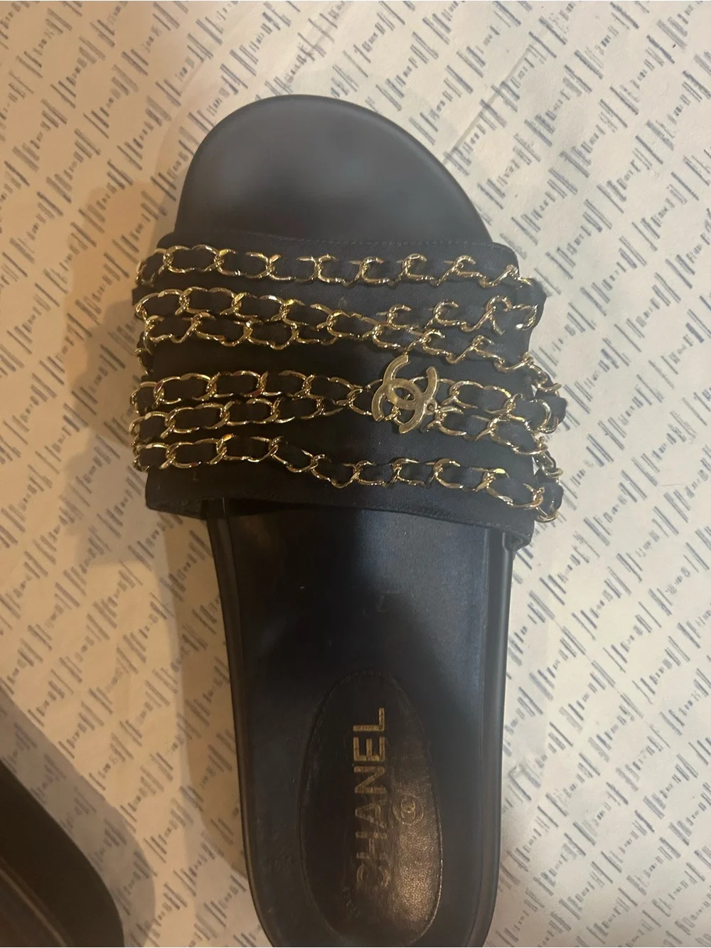 CHANEL Black Slides with Gold Chain Straps